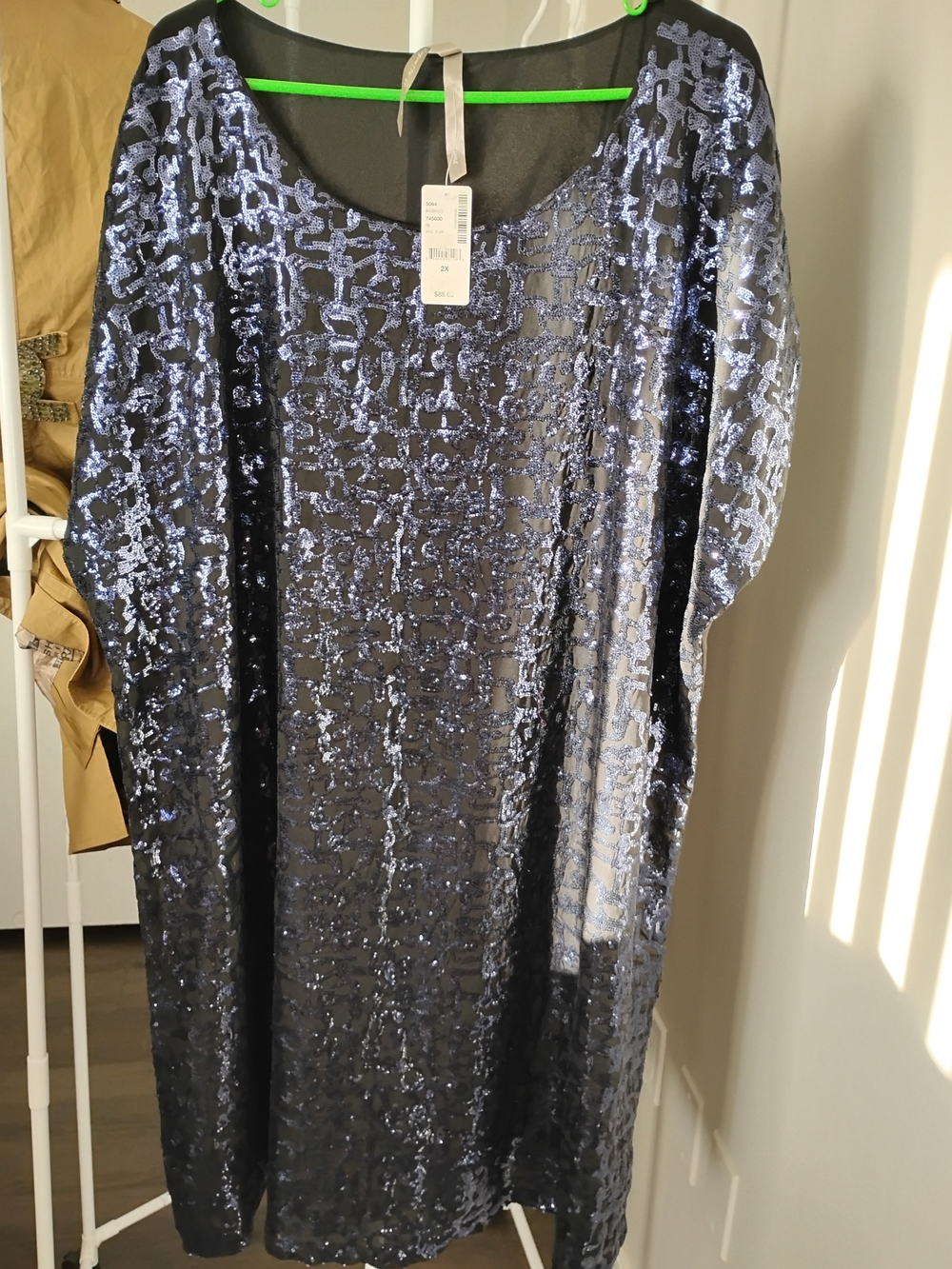 Penningtons Black Glossy Sequined Off Shoulder Scoop Neckline Overlay Tunic Top